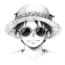 a pencil sketch portrait of luffy wearing sunglasses, black and white, white background, fine detail
