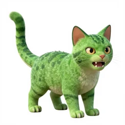 a green cat with a dinosaur tail and dinosaur eyes, scales, sharp teeth, ferocious looking