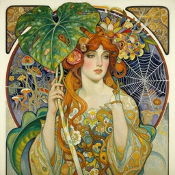 an insanely detailed oil painting of a woman, intricate detailed big leaves, flowers, spiderweb, mycelia, fantasy, hyper detailed, colorfull, intense colors, concept art, by greg rutkowski, by alphonse mucha, by moebius