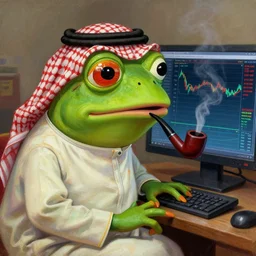portrait of pepe the frog wearing saudi qamis smoking pipe front of the computer, stock price chart on computer screen, ( 1 7 th century ), digital art, wet - on - wet technique, realistic, expressive emotions, intricate textures, illusionistic detail, peter mohrbacher, artstation
