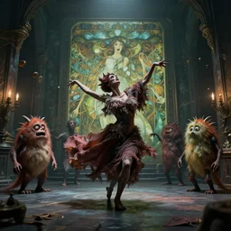 terrible dancing monsters in the alchemist's laboratory, ultradetail, horror atmosphere, beksinski, zavadski, mucha, moebius, craig mullins, epic, octane render, excellent composition, cinematic lighting, gloomy, 8 k