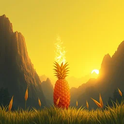burning pineapple, yellow background, tall mountains, tall grass, glow, intricate, elegant, highly detailed, digital painting, artstation, concept art, smooth, illustration, art by artgerm and hsiao ron cheng