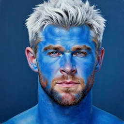 a portrait of blue - skin chris hemsworth with white hair, vivid colors, photorealistic painting by mandy jurgens, trending on artstation, photorealism, detailed painting, behance hd, hyper realism