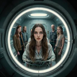 a woman with obsidian eyes in a high tech life support chamber, sci - fi, airlock, architectonic, fisheye, rim lighting, surreal lowbrow, pj crook, syd mead, livia prima, artgerm, greg rutkowski, nick alm, casey baugh