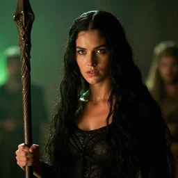 epic photo of young demi moore as beautiful medieval sorceress with very long black hair, battle scene, holding her wizard staff, sweaty, neutral expression, perfect likeness, rim light glow, low contrast, soft light, low light, green hue, shallow depth of field, photorealistic, cinematic lighting, lovely bokeh, warm colours, night time, movie quality, green glow from the left, excalibur 1 9 8 5, movie still, cinemascope