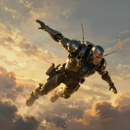 cyberpunk, man flying, epic pose, midfield, atmospheric lighting, painted, intricate, golden hour, ultra detailed by peter gric, giger, enki bilal