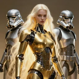 gold and silver tones, cybernetic war, style of moebius, james jean, mcbess, star wars, long glowing ethereal hair, cinematic, highly detailed, award winning, 8 k photorealistic