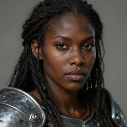 masterpiece closeup portrait of a Dwarven woman with dark black skin, brown eyes, wearing armor, by Greg Rutkowski, 4k, matte painting, dungeons and dragons, detailed