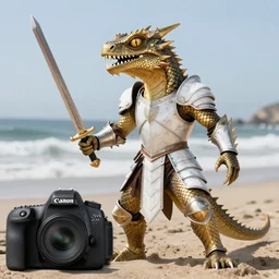 a photograph by a canon 5 d, 5 0 mm lens, of a scaly dragonborn male with lizard eyes,!!! gold scales!!!,!!! white teeth!!!, paladin,!!! white paladin armor!!! holy sword, beach, ocean, california, canon 5 d 5 0 mm lens, action photography, realistic, award winning
