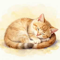 painting of kitten sleeping, cute, warm colors, watercolor