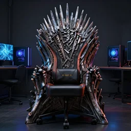 a photorealistic render of a contemporary pc gaming chair that looks like the iron throne, led lights, glowing desktop pc, 8 k, artstation, volumetric lighting, smooth, highly detailed, octane render, by andres rocha and albert bierstadt and greg rutkowski