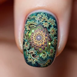 macro photography of intricate nail art inspired by mandlebrot set fractals