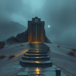 landscape painting by ruan jia and greg rutkowski and peter mohrbacher and wlop and krenz cushart night, rainy mood, a lonely epic door stands on the gobi desert, in which the wet winding stone steps leading to the moon palace.. grey blue, light gold and dark purple color scheme.