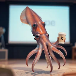 a giant squid giving a ted - talk!!!!!!!!!! holding a cup of coffee, 4 k, 3 5 mm, bokeh