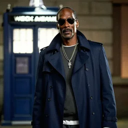 snoop dogg as a man in a dark blue trenchcoat as the new doctor who, cinematic, volumetric lighting, f 8 aperture, cinematic eastman 5 3 8 4 film, photorealistic