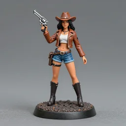 80mm resin detailed miniature of a cow girl, Short brown leather jacket, denim hot-pants, thigh skin, ten-gallon hat, holds a silver revolver handgun in her right hand, on textured disc base; Miniature product Introduction Photos, 4K, Full body