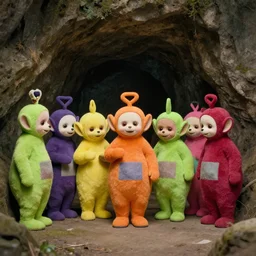 Deranged Teletubbies form a cave out of their bodies , film still from the movie directed by Denis Villeneuve with art direction by Zdzisław Beksiński, wide lens