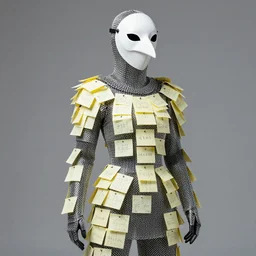 female adventurer in tight full - body chainmail - style armor made out of several hundred sticky notes and a white porcelain crow mask, trending in artstation, japanese, artstation, establishing shot