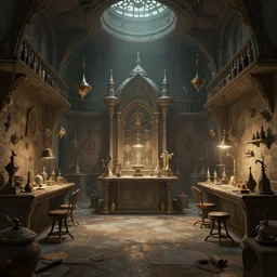 Matte painting of the interior view a alchemist workshop. Dynamic centralized perspective. Fantastical, detailed digital art trending in ArtStation