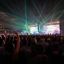 people having a good time at a concert, there is a huge crowd and lasers