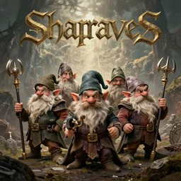 album cover for an album of an epic fantasy metal band composed of five fantasy dwarfs, the band is called the sharp dwarves