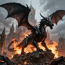 Black Dragon burns down holy castle, midjourney style, 4k