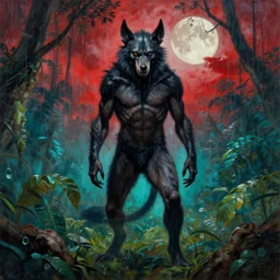 frazetta werewolf realistic full body panoramic portrait textured oil painting jungle cyan background with red dramatic sky and giant moon with rain and storm