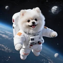 White fluffy Pomeranian in an astronaut suit floating through space