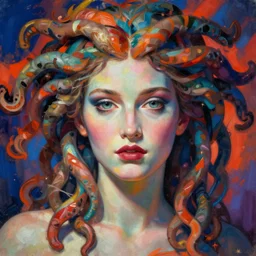 ukiyo - e portrait of medusa with vivid complementary colors