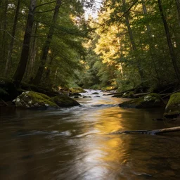 river in a forest, golden hour, ray tracing reflection, 8k, hyper realistic