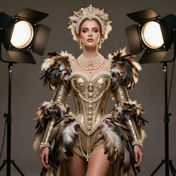 beautifull model, wearing baroque feather armor, luxury materials, pearls, symmetrical, cinematic, elegant, professional studio light, real dlsr photography, sharp focus, 4 k, ultra hd, sense of awe, high fashion