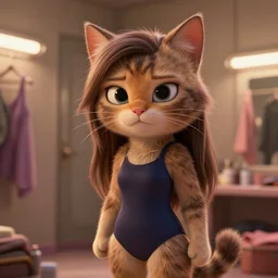 a photorealistic special effects scene from a cgi sci - fi film showing a cute female anthropomorphic cat ( with fluffy fur and long hair and cute big eyes, detailed anthro cat face, sly expression ) wearing a swimsuit standing in a theatre dressing room looking sly, with photorealistic lighting.