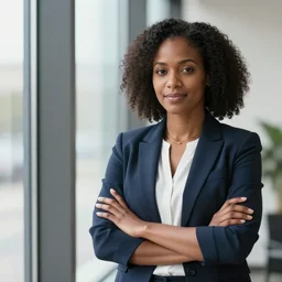 realistic photo portrait of beautiful black woman ceo standing next to a window with arms crossed,