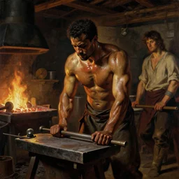 muscular sweaty male blacksmith, forgehouse painting by gaston bussiere, craig mullins, j. c. leyendecker, tom of finland