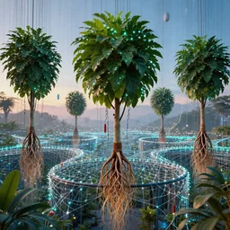 sacred ficus carica roots leaching through automated cybernetic mazes of overgrown LEDS suspended in webbed polarity, trending in Artstation, intricate detail, dusk setting, dynamic lighting, photo realistic, 4k, hdr render, octane