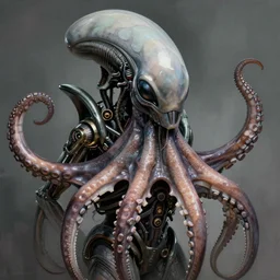 digital portrait of octopus alien in the style of alien xenomorph engineer prometheus, cthulhu, machine face, intricate, elegant, highly detailed, digital painting, artstation, concept art, smooth, sharp focus, illustration, art by artgerm and greg rutkowski and hr giger, zdzisław beksinski, horror, slimy, biomechanical, exoskeleton 8 k