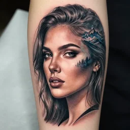 realistic tattoo idea of a beautiful woman face blended with a mountain scenery