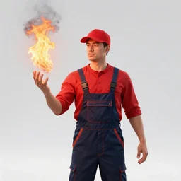 a man wearing a red shirt, red cap, throwing fire by the hand, professional, overalls, pic, photo, render