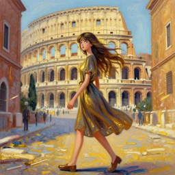 recursive image with a girl walking through a city, ancient rome, normal eyes, her long hair flowing, surreal, oil pastels and gold, in the style of katsuhiro otomo, modeled in poser, redshift render, uhd