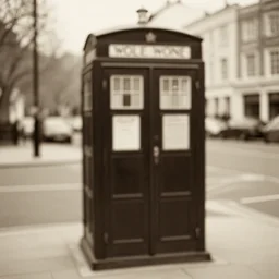 photo of a metropolitan police box in suburban london, police box, 1930s, sepia, blurry, faded