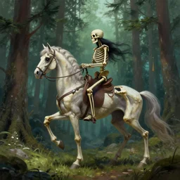a really beautiful and magical fantasy art digital painting of a skeleton riding a skeleton horse through a pine forest
