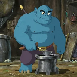 blue skinned Orc blacksmith by studio ghibli
