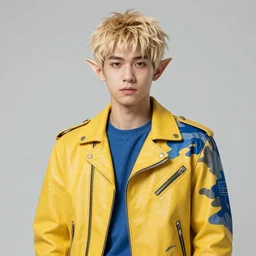 elven male, shaggy blonde hair. Wearing modern yellow leather jacket and blue camouflage pants, black frame glasses. Modern, concept art, Akikazu Mizuno, phantasy star online, anime