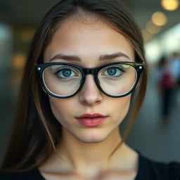 a portrait photograph of a nerdy young woman from san diego with big glasses and a black dress, dof, sharp focus, highly detailed face, symmetric face, realistic iris, cinestill 8 0 0 t, photography by paolo roversi