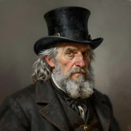 a grey hair old halfling with no beard stubble top hat and suit by Greg Rutkowski, painting, portrait, HD, high details, trending on artstation