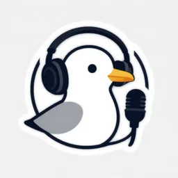 a logo of a seagull bird wearing headphones and talking to a microphone at a podcast