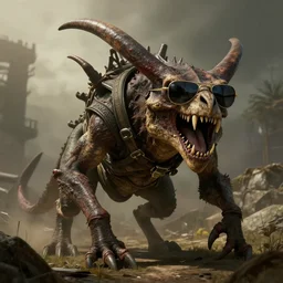 a fallout new vegas deathclaw!! wearing sunglasses!!, grim lighting, national geographic, award winning, concept art, artstation, stephen bliss, unreal engine, game screenshot