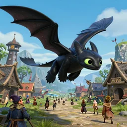 a stardust dragon with mantaray wings and a stingray tail flying through an old viking village filled with vikings and other dragons, cgi, in the style of how to train your dragon, cinematic, high resolution, movie, film, animated film, cgi