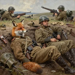 anthropomorpic WW1 Fox soldiers in a trench relaxing between battles in the style of oil paintings detailed realistic High Resolution HD 8k