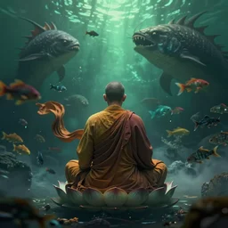 backside of ancient wise monk meditating underwater, lotus pose, monk is in the centre of the frame, epic composition, fabrics flying around him, smoky, dark, mysterious, colourful fish, giant sea creatures, high detail, green atmosphere, digital art, artstation, unreal engine 5, octane render